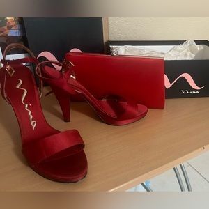 Gorgeous red satin pumps with matching clutch